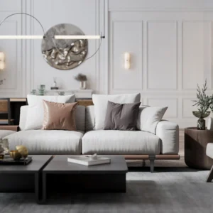 Modern living room with a white sofa and artistic wall decor.