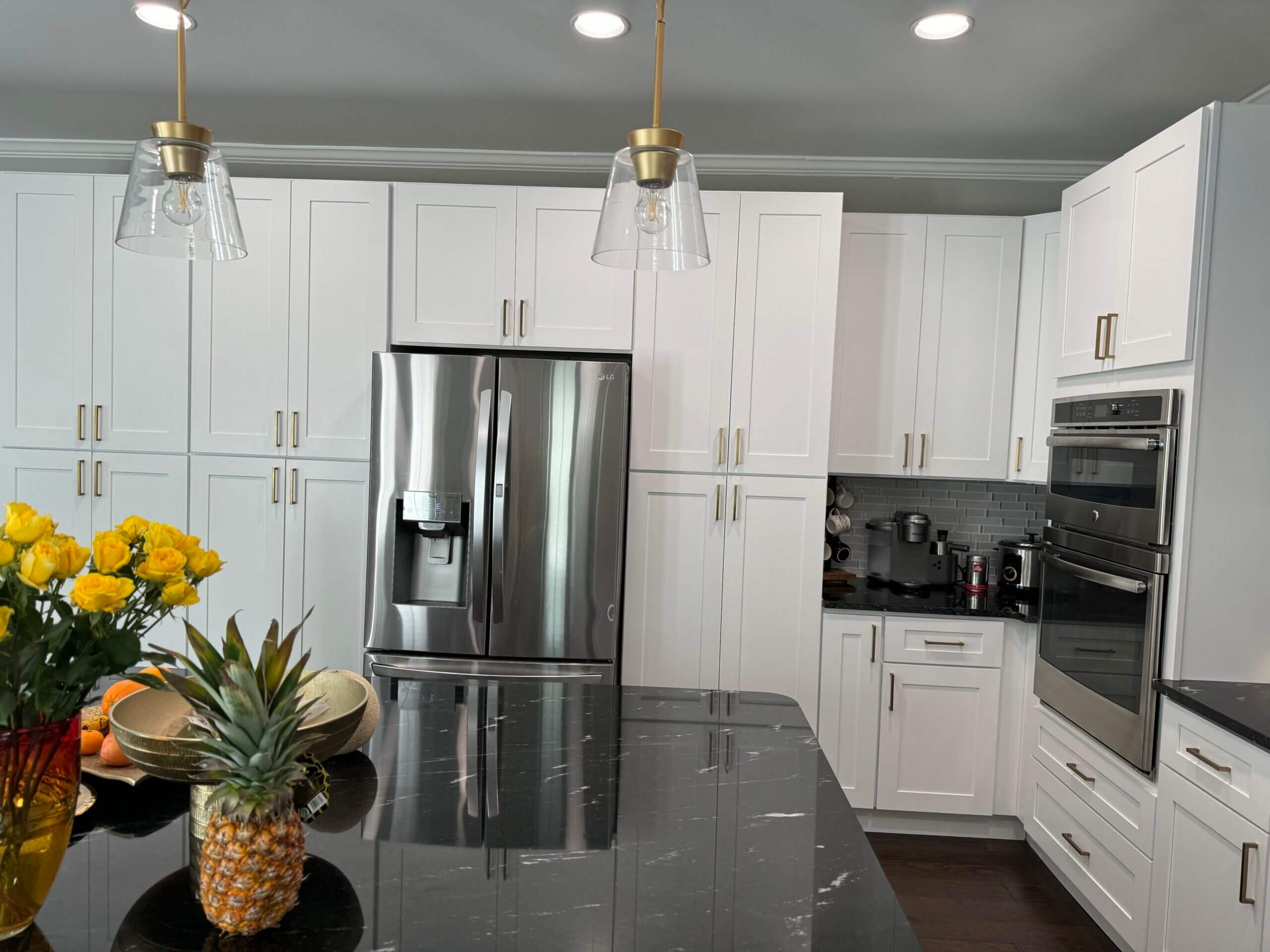 Black countertop with fruit display