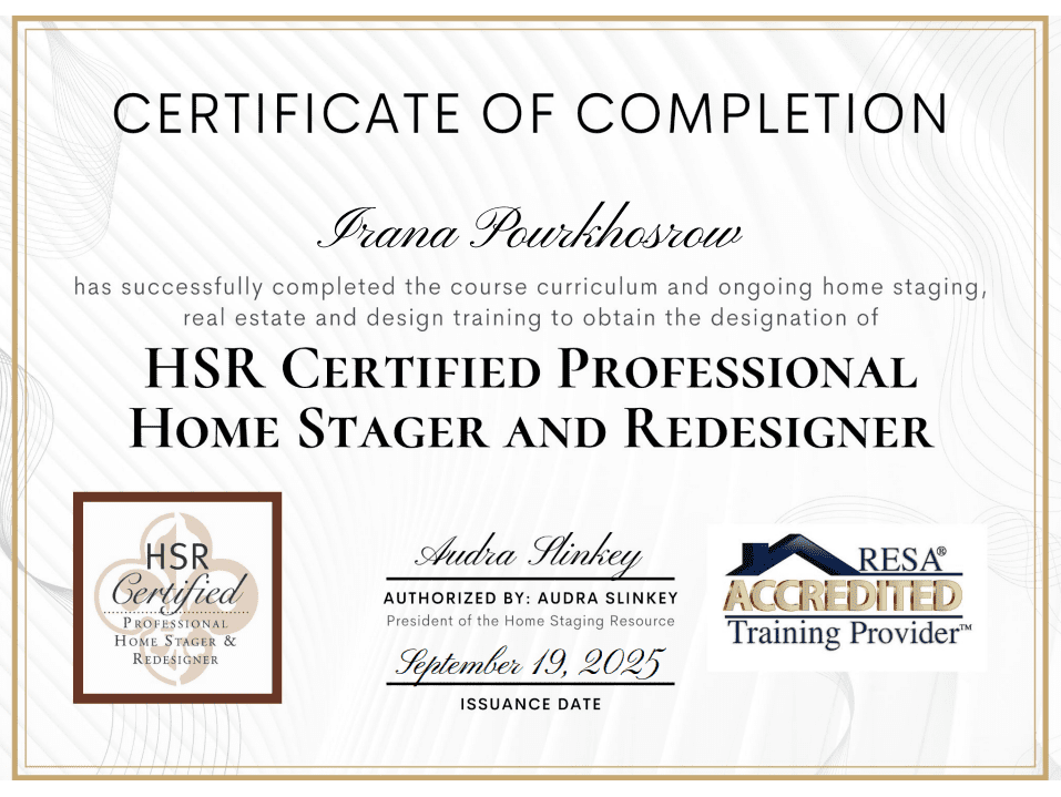 Certificate of completion for HSR Certified Professional Home Stager and Redesigner.