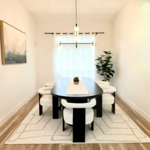 Elegant dining space with large window