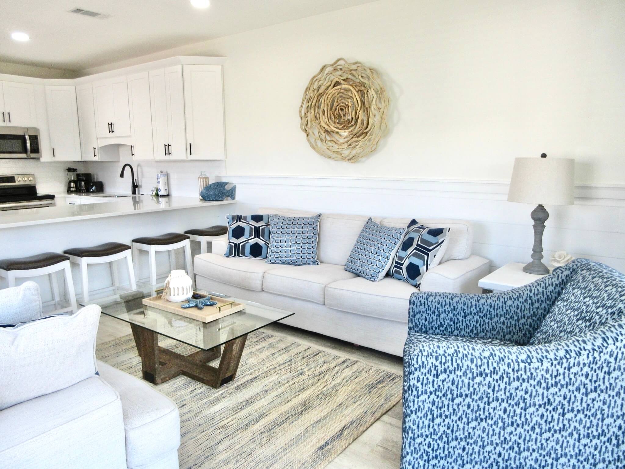 Modern living room with blue accents